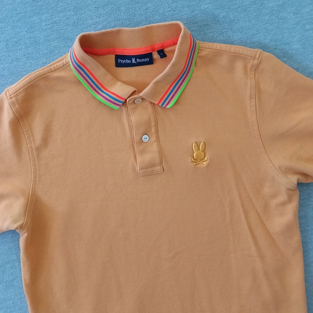 Psycho Bunny Mens Orange Pima Cotton Striped Collar Polo Shirt Size 5 Large
